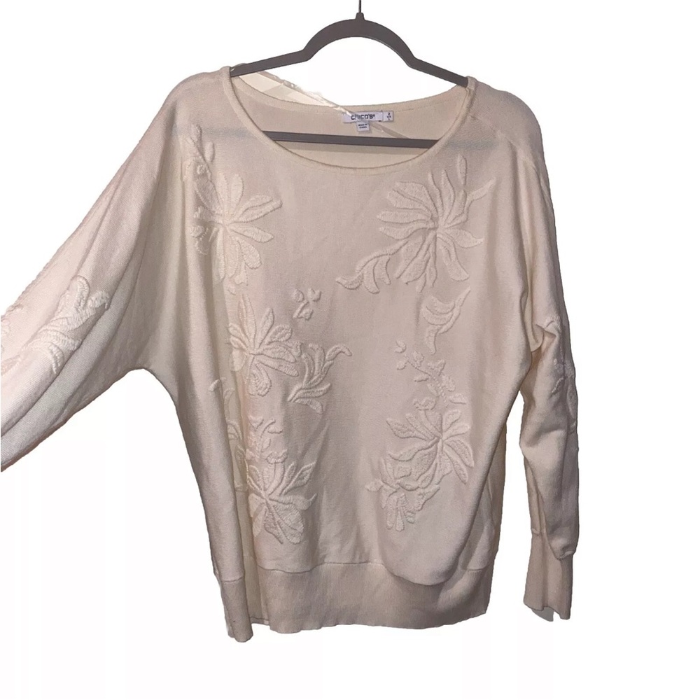 Chicos Embroidered Crewneck Sweater Size 2/Large Clean Girl GrannyCore Old Money - Picture 2 of 11